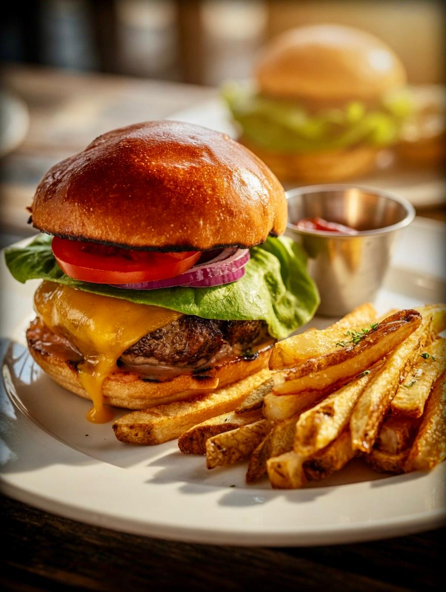 Wagyu burger with aged cheddar and pommes frites