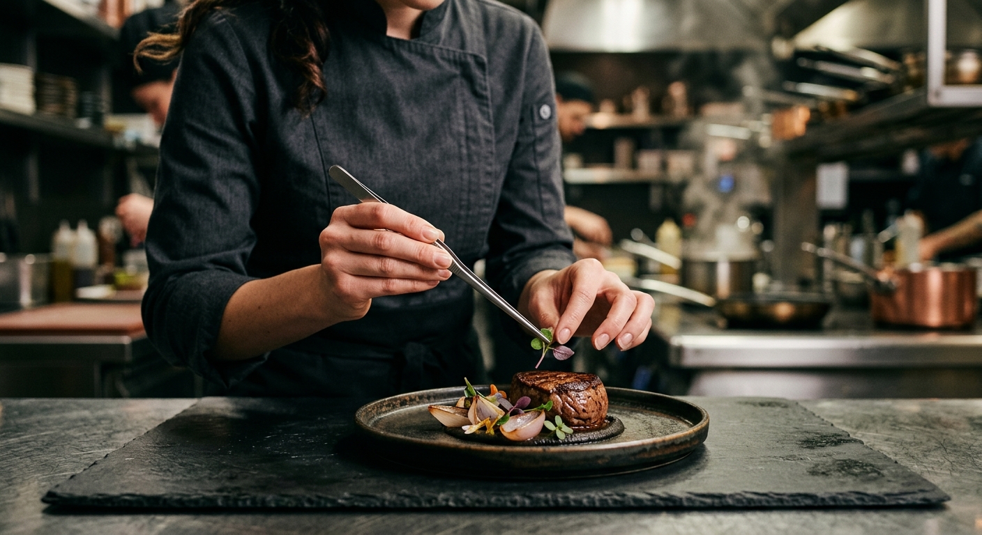 Chef finishing an exquisite minimalist plated dish