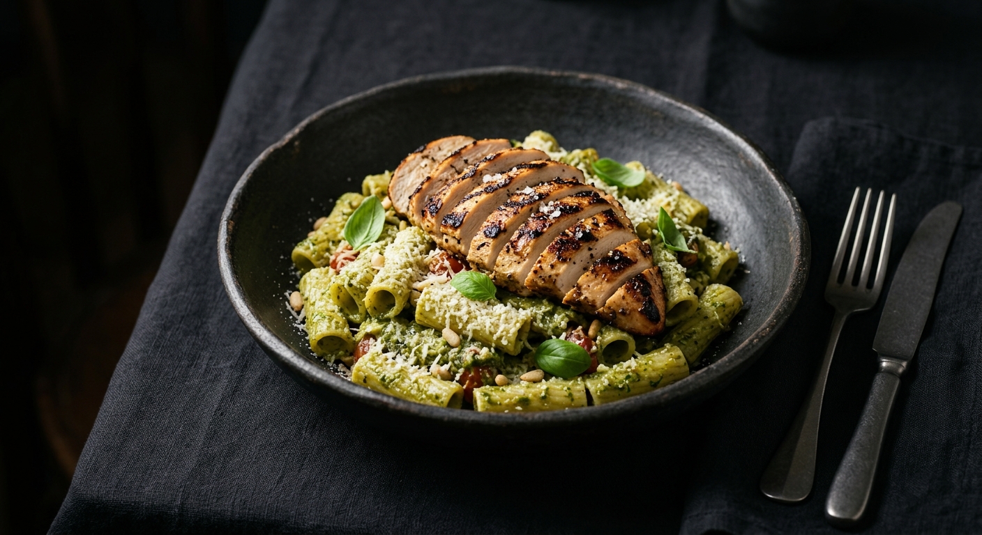 Creamy chicken pesto rigatoni on dark stoneware