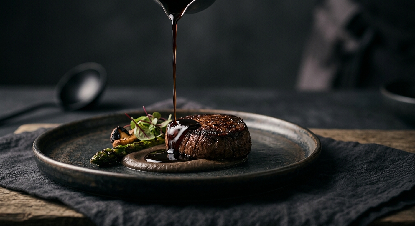 Sauce poured over a minimalist fine dining dish